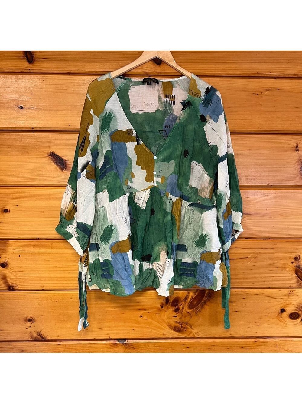 Susanne Betro Tie Sleeve V-Neck Patchwork Green and Blue Colorful Women's Top 1X